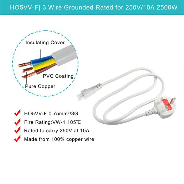 Cable gris du Royaume-Uni au câble électrique C5 1.5M à trois branches 250V 2.5A