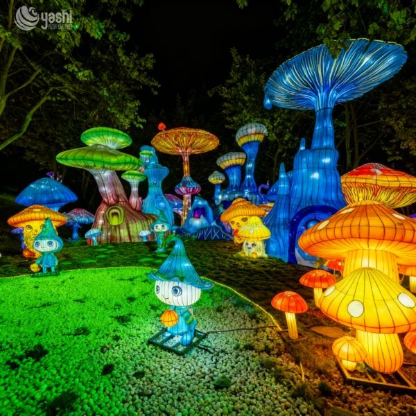 Custom Fantasy Mushroom Forest LED Lantern Installation, Fairy‑Tale Cartoon Character Light Sculpture for Family Theme Light Festival