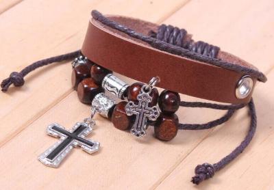 Retro jewelry cross beaded bracelet explosion models woven leather bracelet wholesale