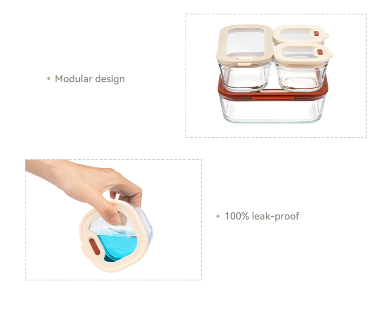 IKOO LFGB/FDA Certified Private Label Modular Design 4 Pack Glass Storage Containers with Glass Lids