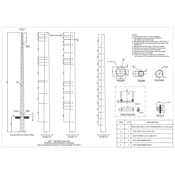 2.75*127*248*10670mm Gr,345 Mpa HDG Steel Power Pole Monopoles With AWS D1.1