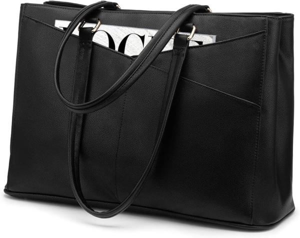 LAPTOP TOTE BAG FOR WOMEN 15.6 INCH WATERPROOF LEATHER COMPUTER BAGS BUSINESS OFFICE WORK BRIEFCASE BLACK