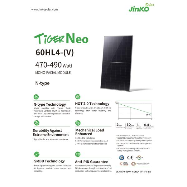 N-Type Mono-Crystalline 470W-490W Solar Panel for JinKo Solar Hot Water System Heater