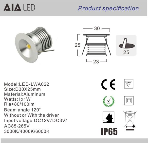mini recessed mounted spot light 1W round led spot light for ceiling use