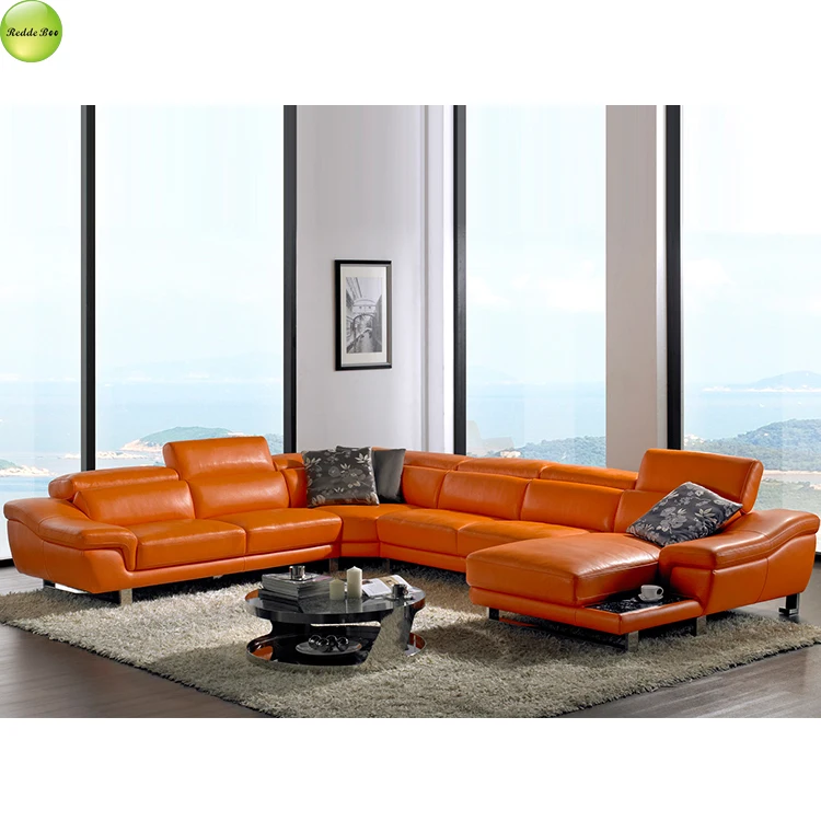 Orange Genuine Leather Corner Sofa Furniture Sectional Couch U Shaped