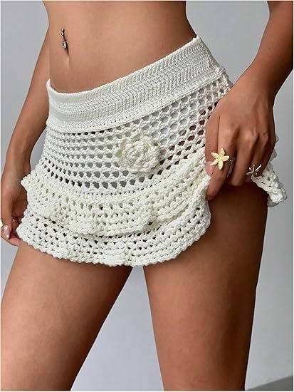 Women'S Crochet Cover Up Skirt High Waist Drawstring Knit Swimsuits Boho Swim Skirts Beach Cover Up,Drawstring Colorful Crochet Shorts for Women,Cute Summer Bottoms Rave Festival