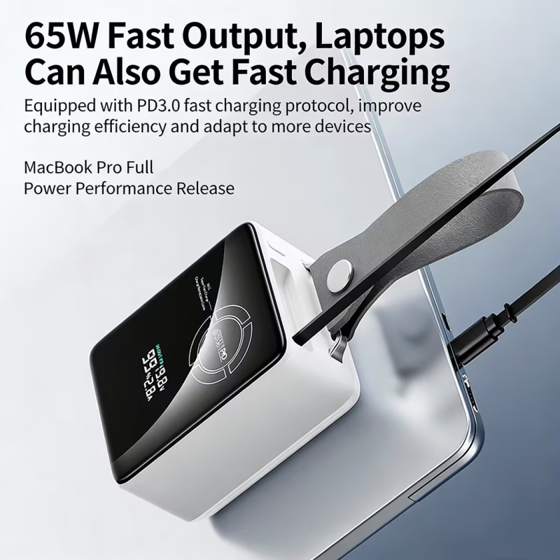 Portable Power Bank 20000mAh Capacity with input 45W Fast Recharge Retractable Cable and Real Time Battery Status Display