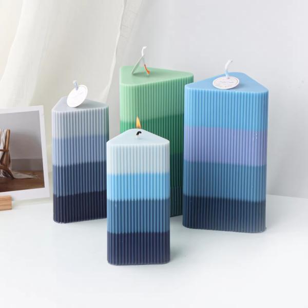 Custom Blue Craft Candle Triangular Striped Colored Pillar Candle Home Decor Art Candles