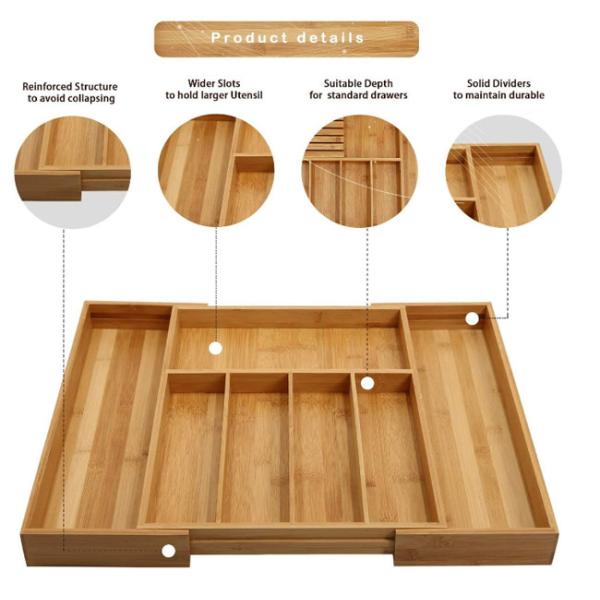 Расширяемый бамбуковый поднос организатора столового прибора ящика Silverware утварей кухни