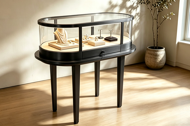 Luxury Oval Glass Jewelry Showcase Table with Brushed Gold Metal Frame and Lockable Front Drawer