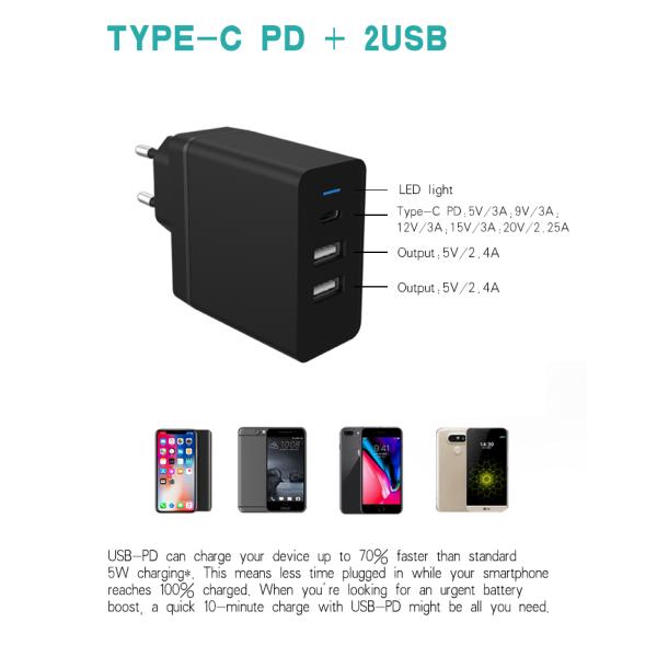 3 ports usb wall mobile adaptor PD 45W smart power delivery laptop quick charger