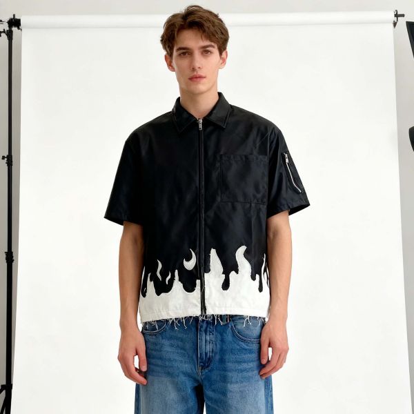 Custom Distressed Applique Embroidery Pu Shirt Zip up Summer Short Sleeve Hip Hop Oversized Leather Shirt for Men