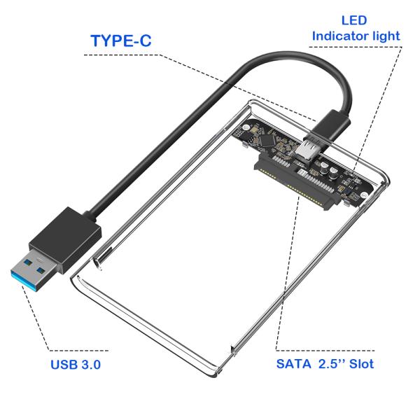 USB 3.0 Type-C 2.5-inch SATA HDD Enclosure with Transparent Case