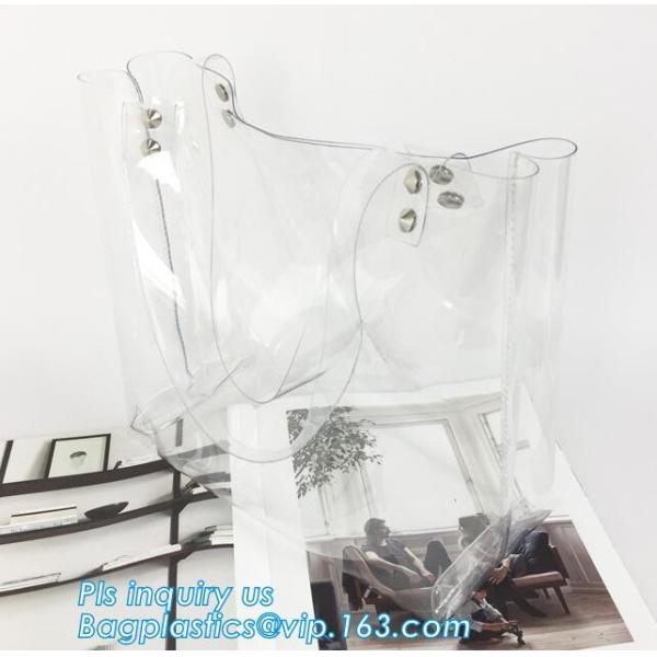 Tote Bags PVC Beach Lash Package Tote Shoulder Bag with Interior Pocket, Waterproof Semi-clear Tote Bags Stripe PVC Shou