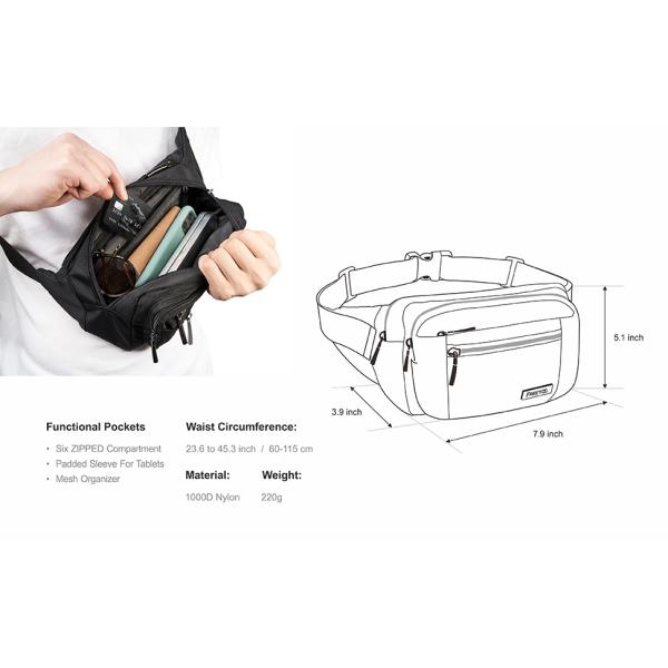 Bum Fashion Fanny Pack Men Women Water Resistant Waist Bag With 6 Zipped Pockets