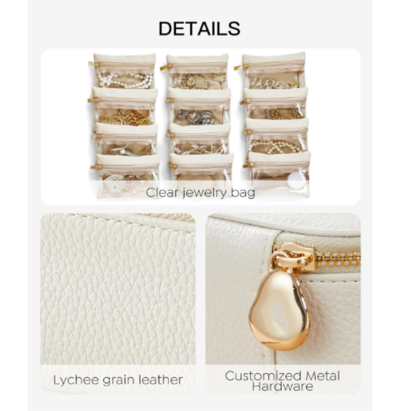 Convenient PU Leather Travel Jewelry Case With Velvet Pouch For Rings Necklaces Storage