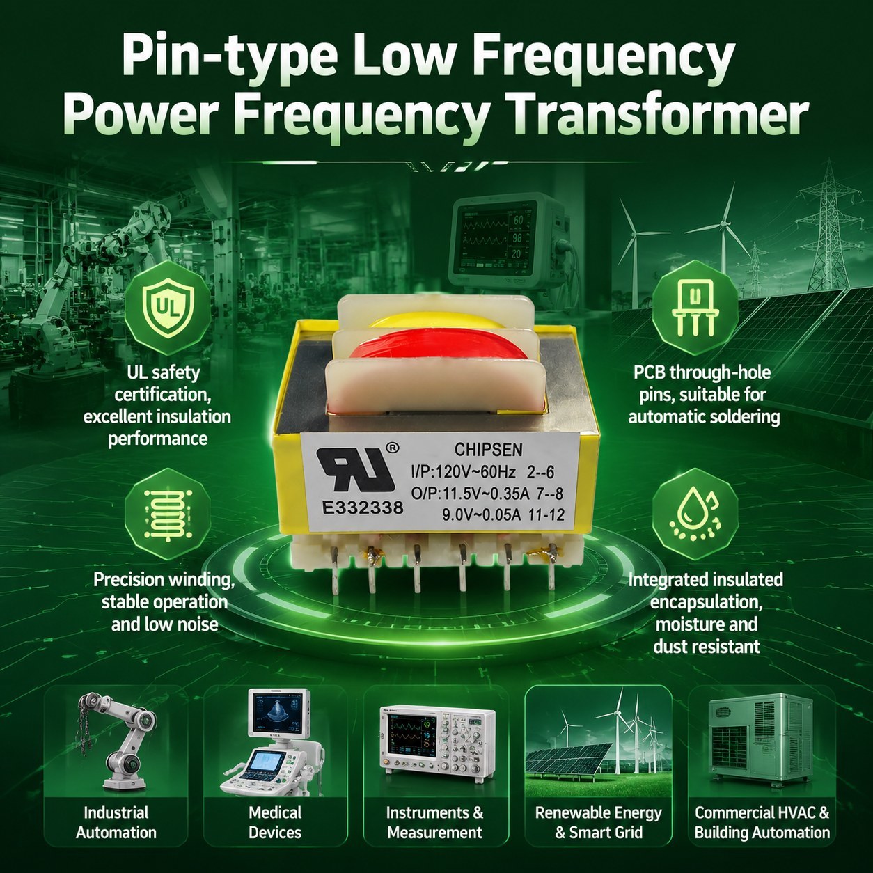 Low Noise Low Frequency PCB Mount Transformer For Industrial Automation
