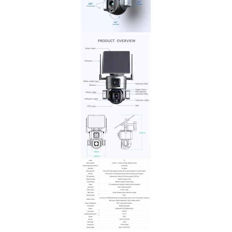4K Dual Screen HD Solar Power Camera Wifi 10X Optical Zoom IP Camera PTZ CCTV Outdoor Camera with Night Vision