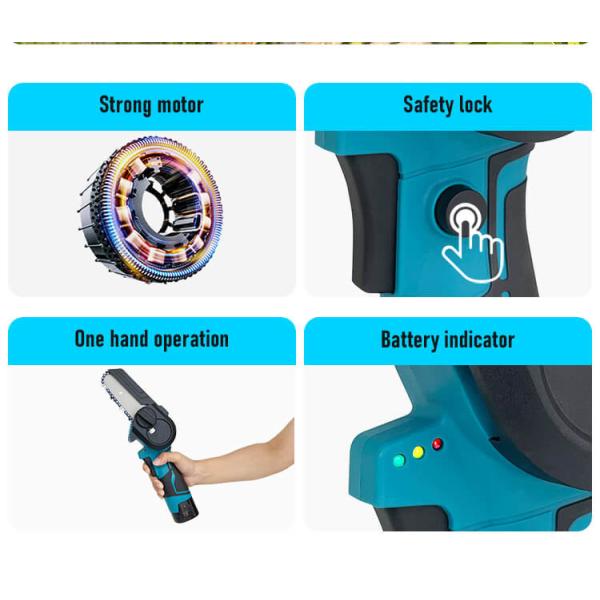 Заряжаемая беспроводная мини электрическая голубая бензопила деревообрабатывающая одноручная садовая