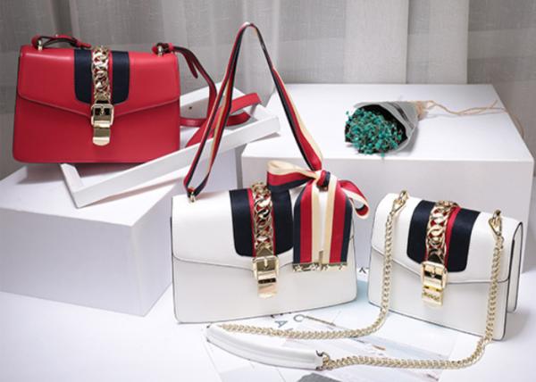 Leather Single Shoulder Bag With Lock Buckle , Slanting Bow Tie Striped Satin Ribbon Bag