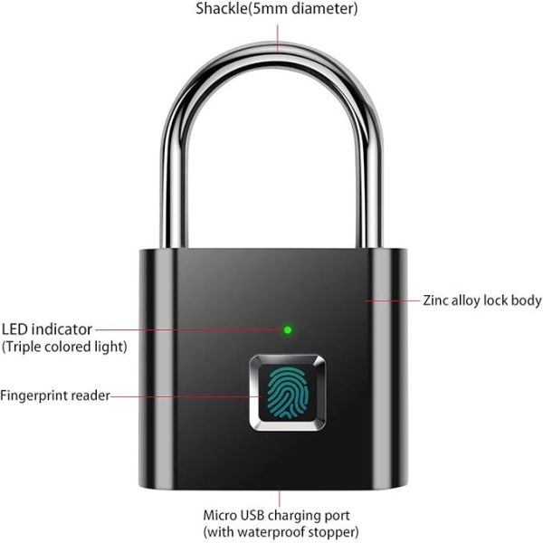 Fingerprint Padlock USB Rechargeable Security Keyless Lock IP67 Waterproof Indoor Outdoor Zinc Alloy Smart Padlock Custom Logo