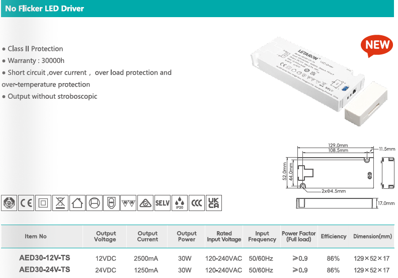 IP20 EU Flicker-free LED Driver 18W 30W with CE UKCA Certificate for Cabinet Light