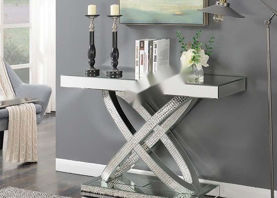 Silver Mirror Finish Console Table with Special Glass Diamond Black Painting on MDF