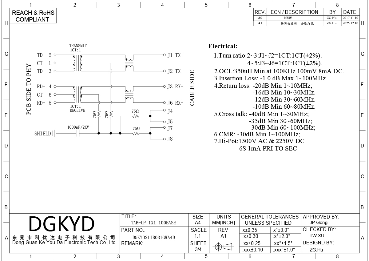 RJ45 connector 100Mbps integrated transformer crystal head Ethernet interface DGKYD211B031GWA4D