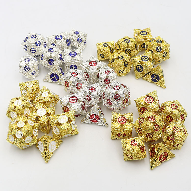 Custom Brass Hollow Dice Set with Polyhedral Design and Personalized Logo for DND Games