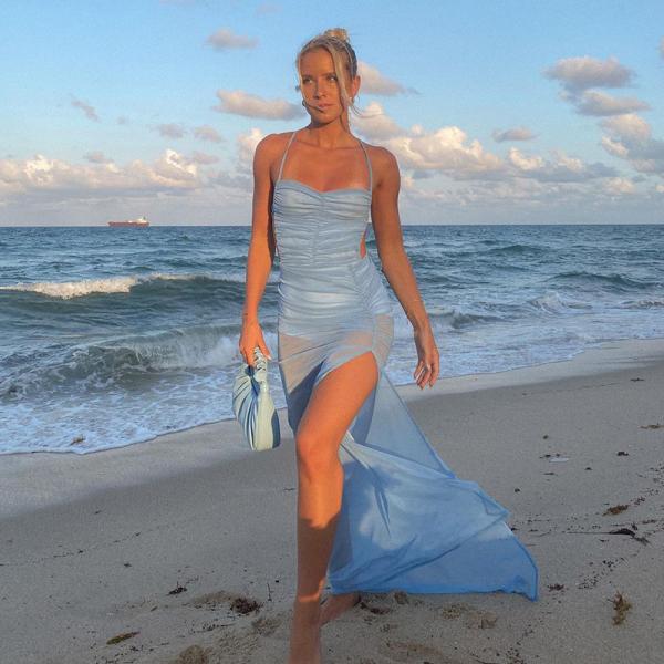 Solid Color Womens Party Maxi Dresses Hollow Sling Lace High Slit