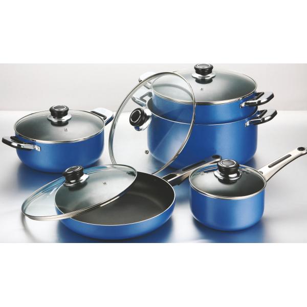 Blue 10pcs Ceramic Coating Nonstick Cookware Set With SS Handle