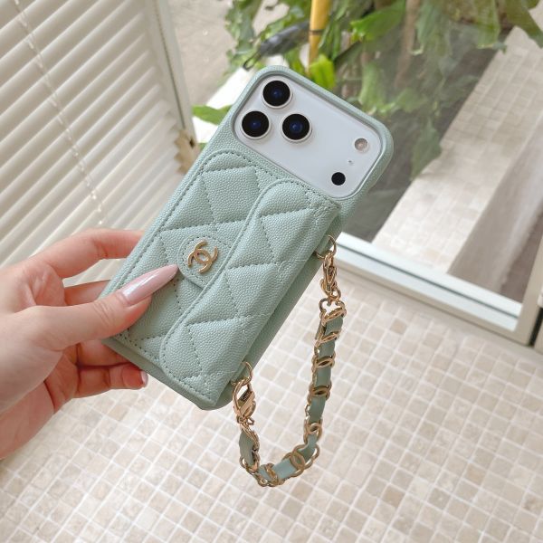Lychee Pattern Card Holder iPhone 17 Pro Max Phone Case with Handheld Short Chain Leather 16 Pro Protective Cover