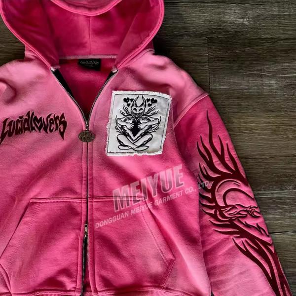 Custom Hoodie Drop Shoulder Acid Wash Vintage Distressed Embroidery Hoodie High Quality French Terry Hoodie