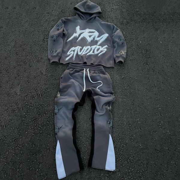 Custom Size Y2K Cut Raw Hem Hoodie and Sweatpants Set for Men's Streetwear in Cotton