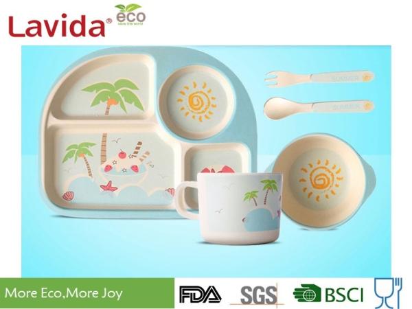 Unbreakable Bamboo Kids Tableware Eco - Friendly Summer Pattern Mug Spoon / Fork