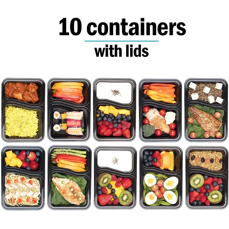 2 Compartment BPA Free Lunch Boxes Rectangular Meal Prep Containers for Food Storage