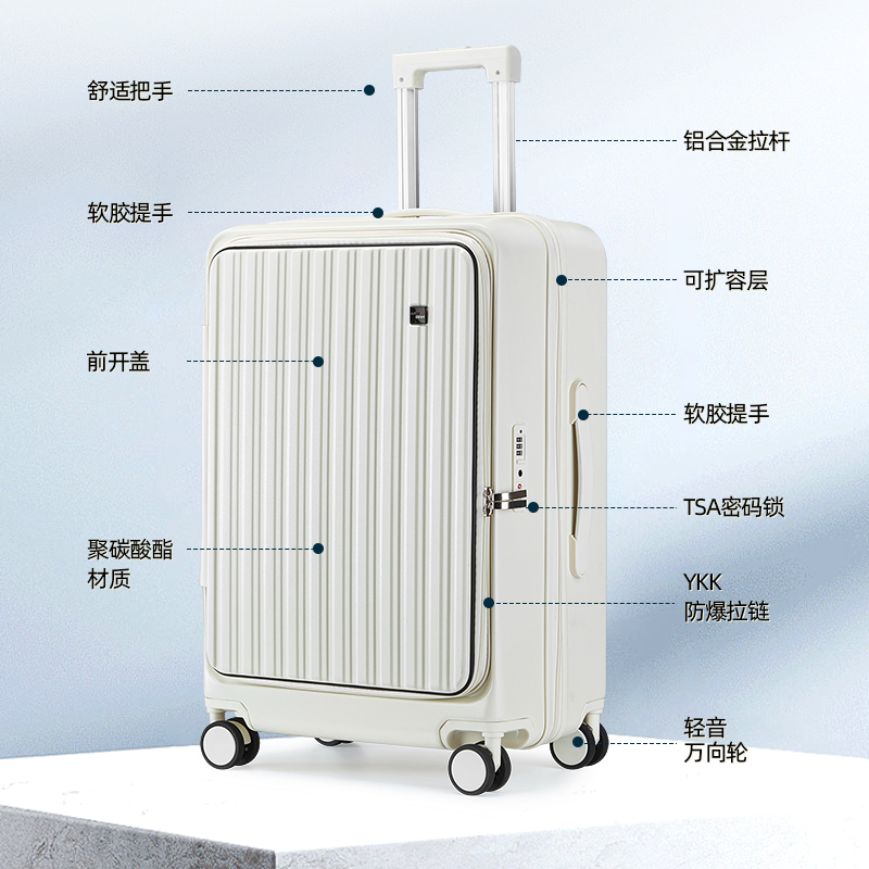 Unisex Hot Selling Front-Open Spinner Carry-On PC & ABS Explosion-Proof Zipper Aluminum Outdoor Travel Luggage Bag Packaging