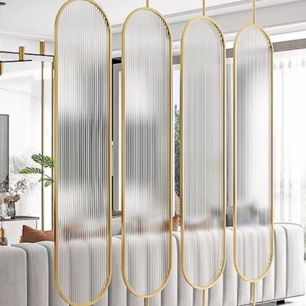 Collapsible Rotatable 3 Panel Metal Room Divider With Art Glass