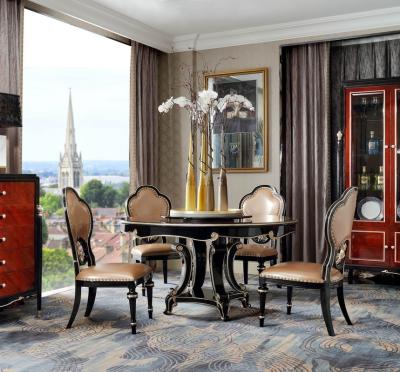 New classic Luxury Furniture Round Dining Tables and Wine Cabinet in glossy painting with Leather Upholstered Chairs