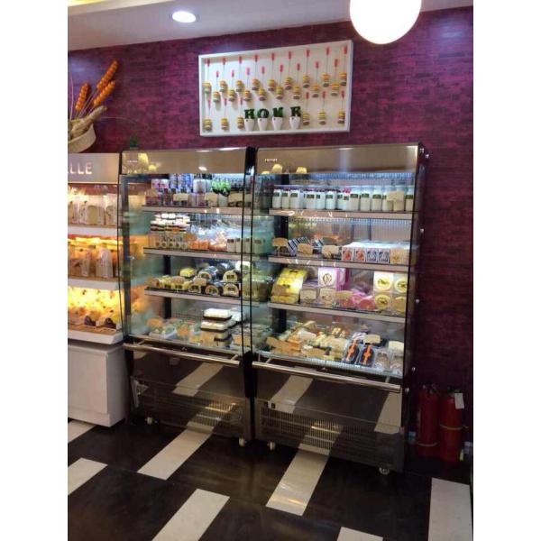 Curved Glass Slim Open Refrigerated Display Case 3 Shelves With LED Light