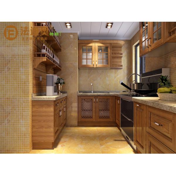 Wooden-Texture Stainless Steel Kitchen Cabinets With Glass Doors And Open Shelving