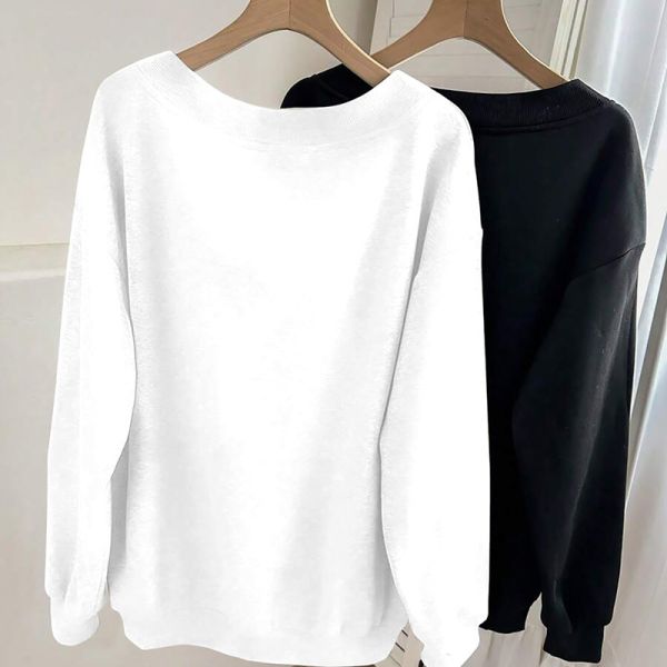 Women's Solid Color Relaxed Fit V-neck Hoodie Sweatshirt with Long Sleeve and Front Kangaroo Pocket