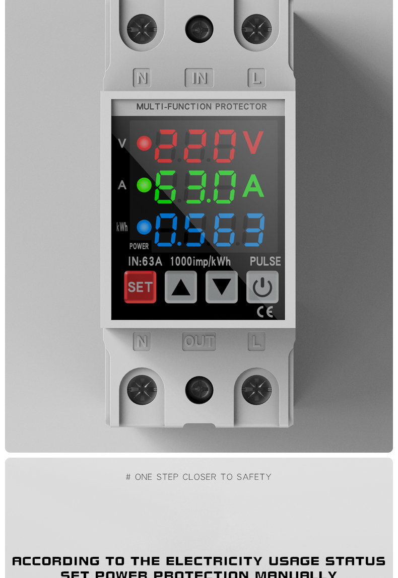 Rail-mounted digital display rocker switch self-reset over/under voltage protector 40A 63A for home use, delay 220V