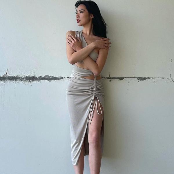 Drawstring Womens Party Maxi Dresses Stitching Slanting Shoulder Navel High Fork