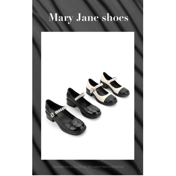 Round Head Wrap Toe Womens Leather Flat Shoes Black And White Stitching