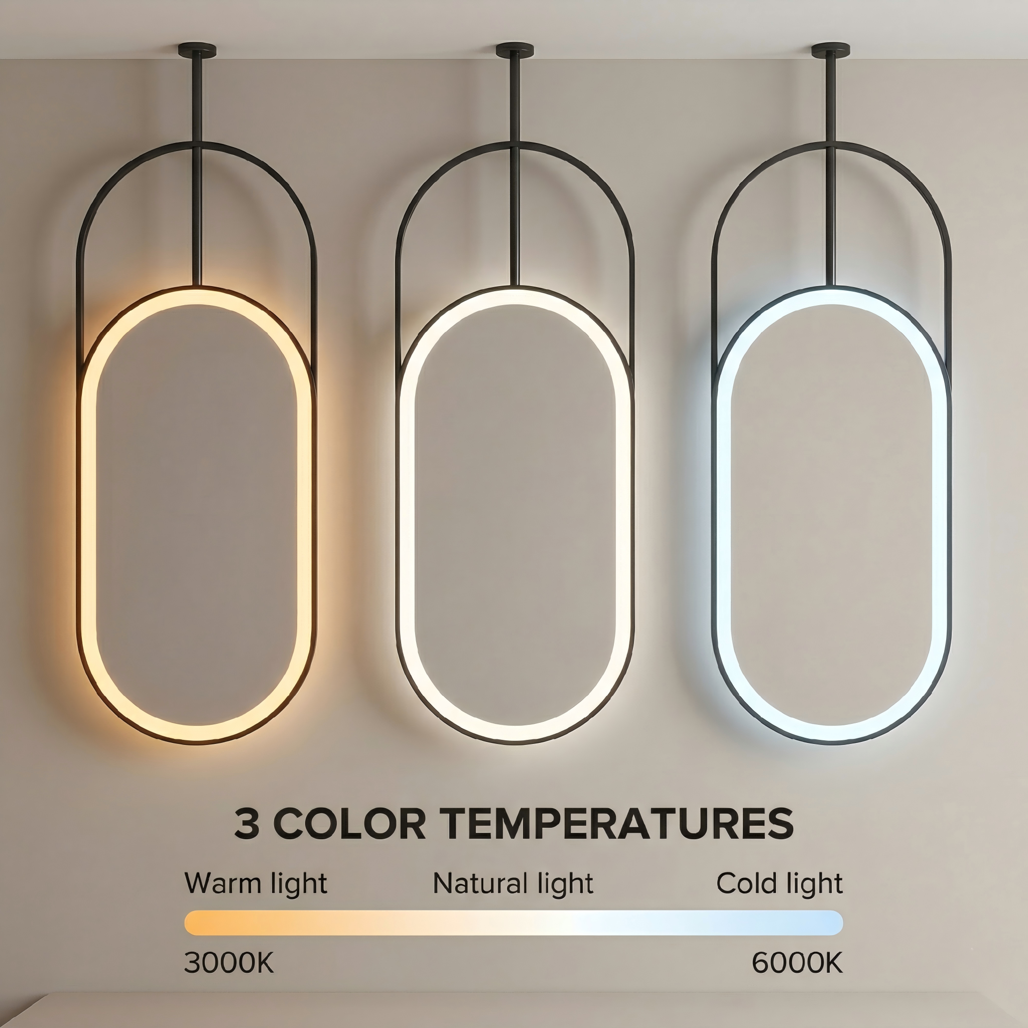 Kingstin Custom Suspended LED Mirror Smart Bathroom Oval Ceiling Mirror Bluetooth Defogger Sensor