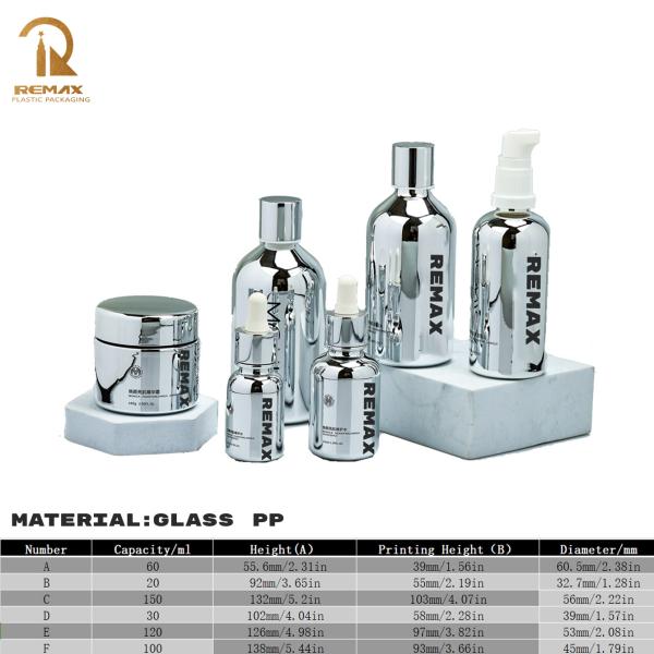 Серебряный 60g 100ml 120ml 150ml Пустой современный стиль стеклянная косметическая упаковка набор бутылки и банки