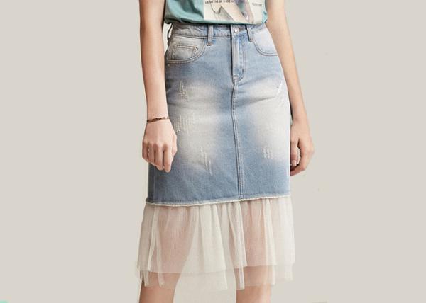 ODM OEM High Waisted Denim Skirt Tulle Mesh PatchedHem Light Indigo Jeans Wrap Skirt