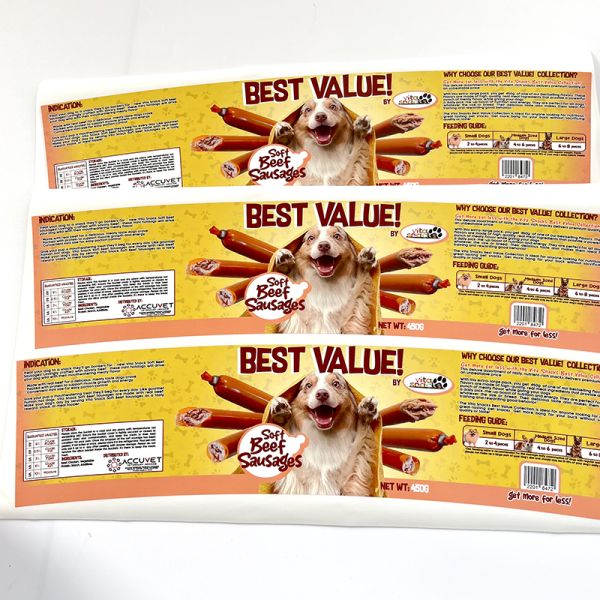 Custom Printed Waterproof Vinyl Dog Food Label Sticker for Craft Candle Minimum Order 500pcs Adhesive Packaging for Beef Sausage