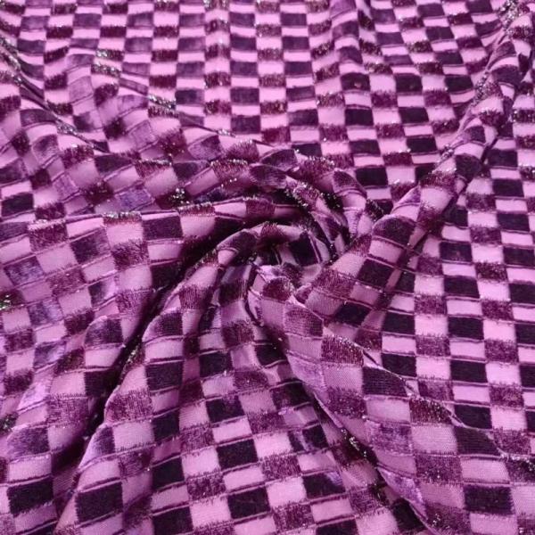 Metal Glitter Check Knitted Velour Viscose Jacquard Burnt Out Velvet Fabric